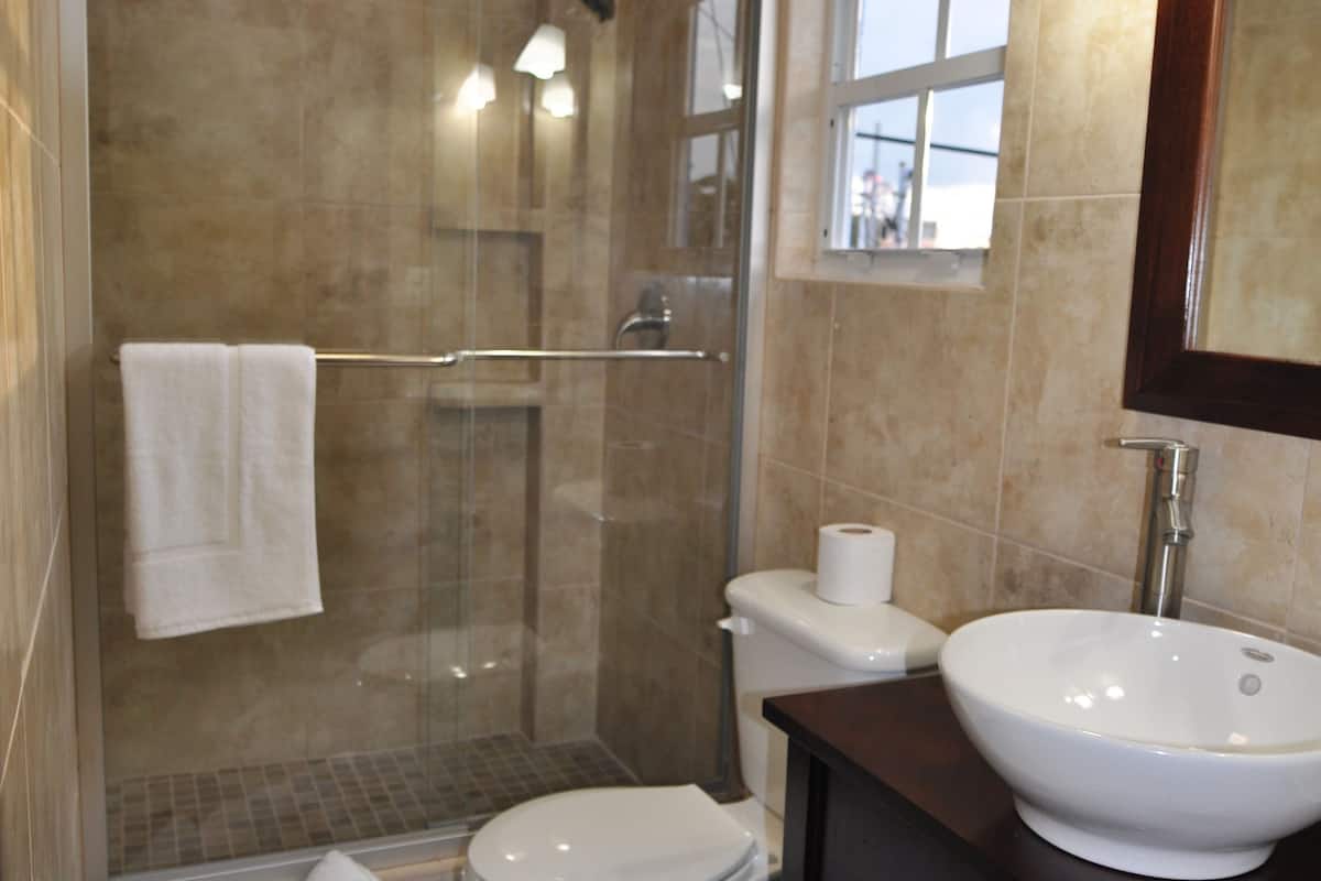deluxe suite, 2 queen beds, sea view | bathroom | shower, free toiletries, hair dryer, towels