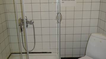 A bathroom with a glass-enclosed shower, a white toilet, and tiled walls.