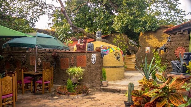 Un espacio al aire libre con patio, suelo de piedra, mobiliario de madera y diversas macetas con plantas.