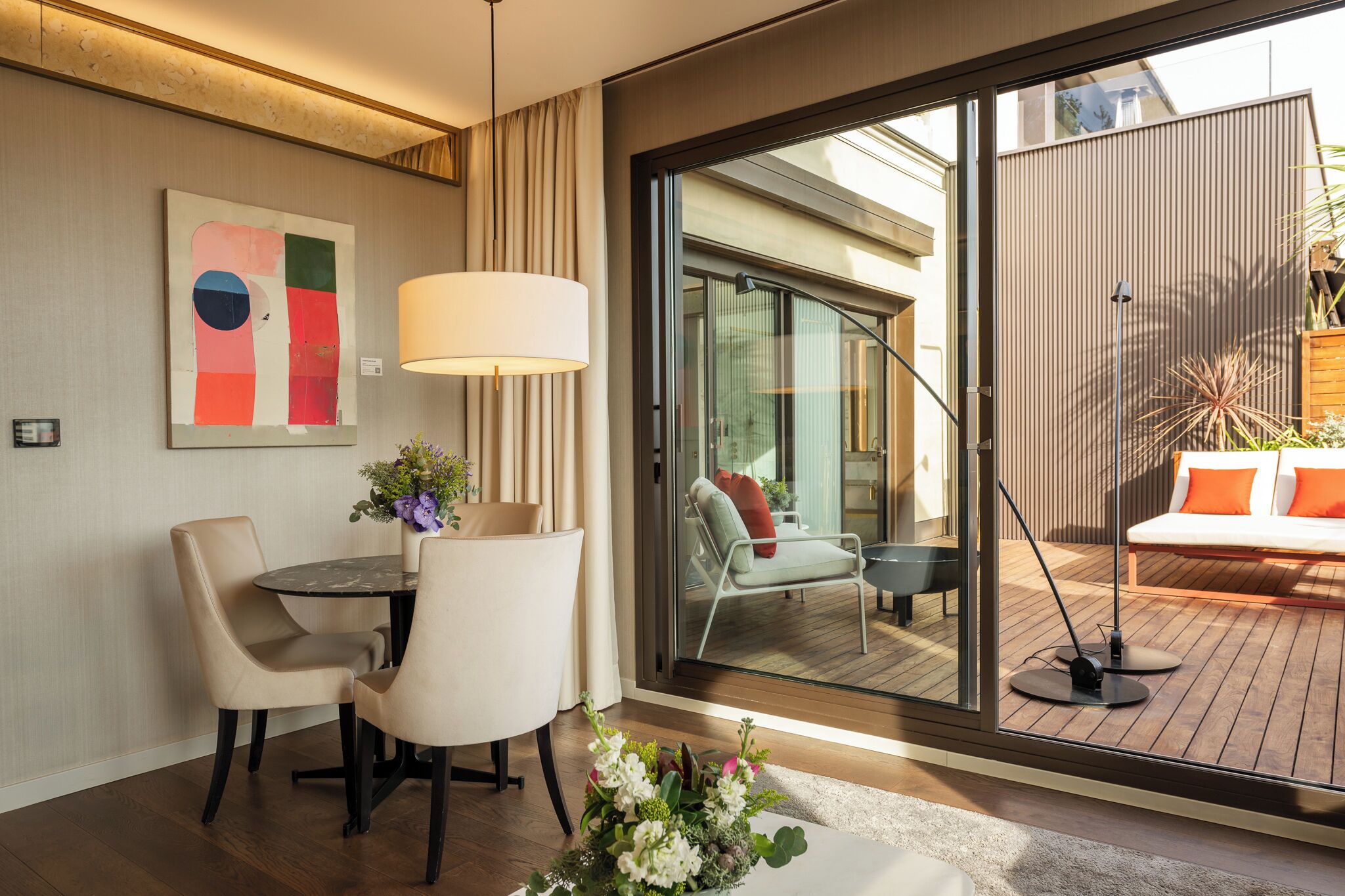 55-inch flat-screen TV with satellite channels, TV, heated floors