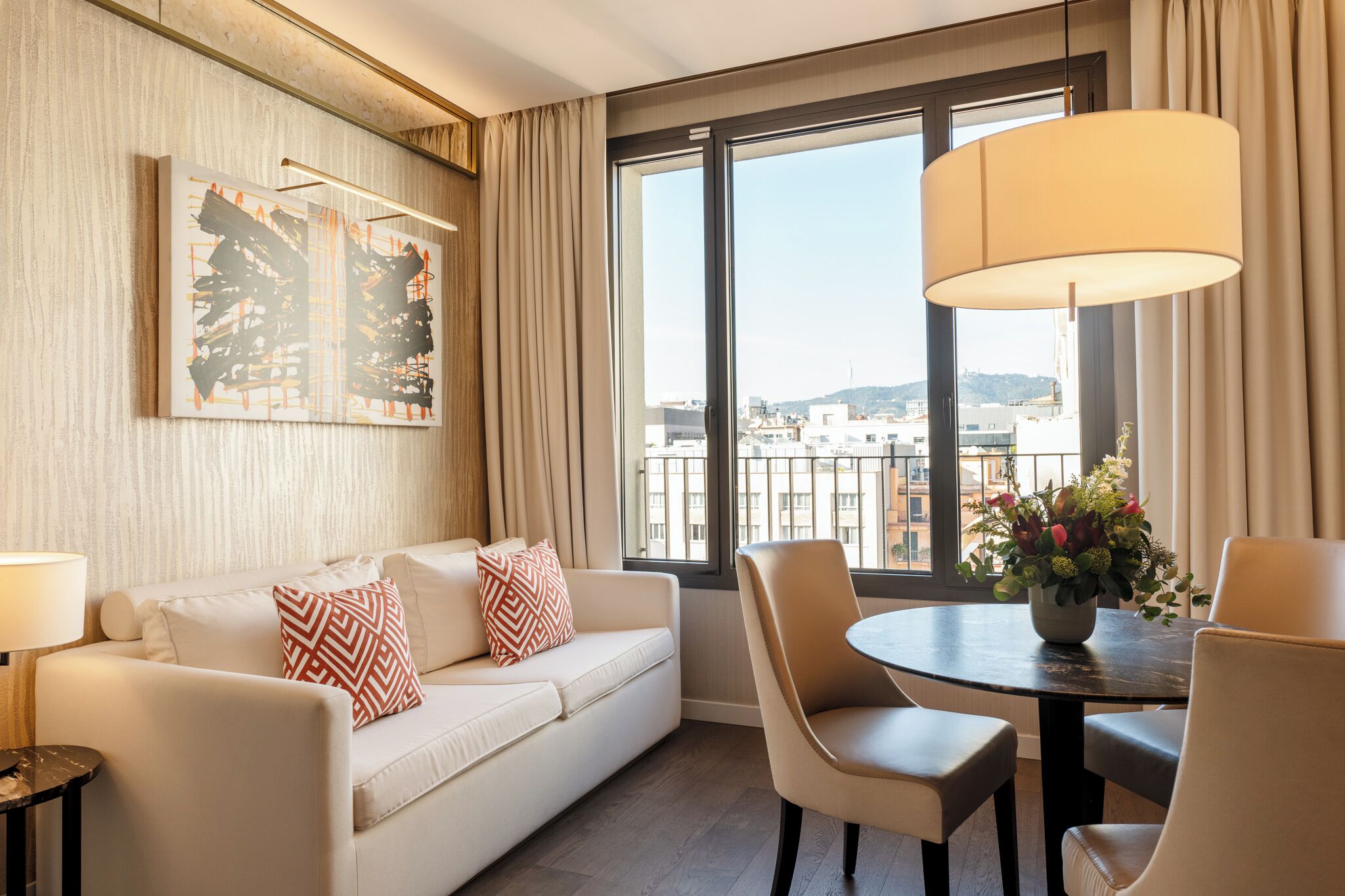 grand penthouse suite | living area | 55-inch flat-screen tv with satellite channels, tv, heated floors