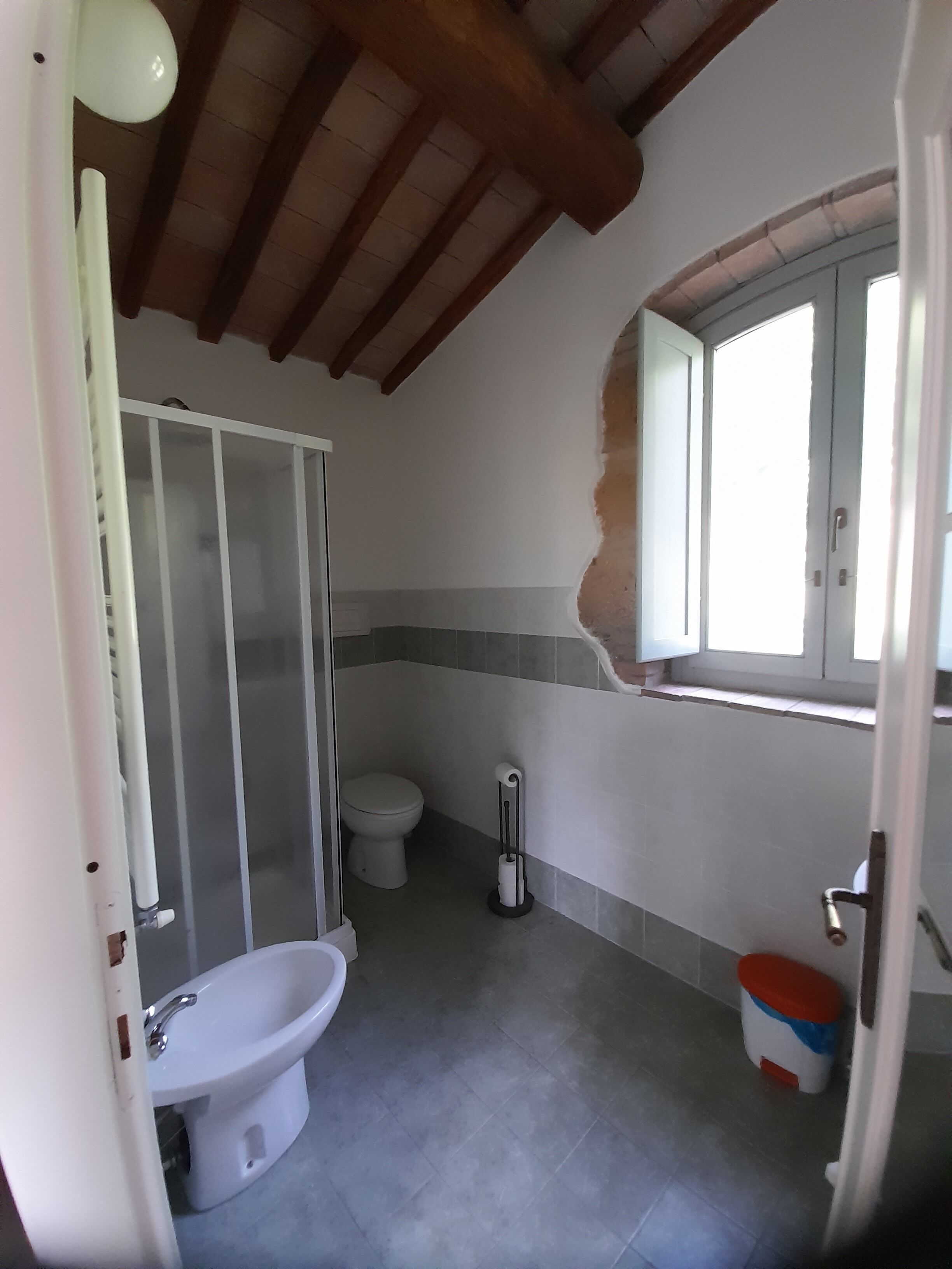 A bathroom with a shower, toilet, bidet, and a window.