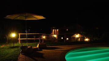 Seasonal outdoor pool, sun loungers