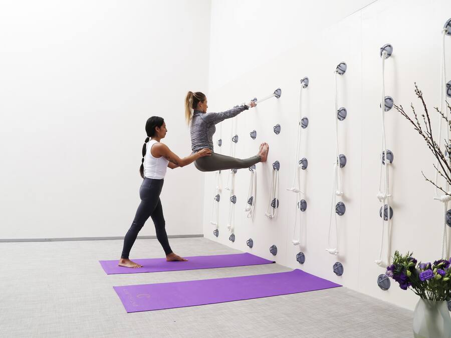 Um estúdio de yoga com tapetes roxos, uma escada de corda fixada na parede e um vaso com flores.