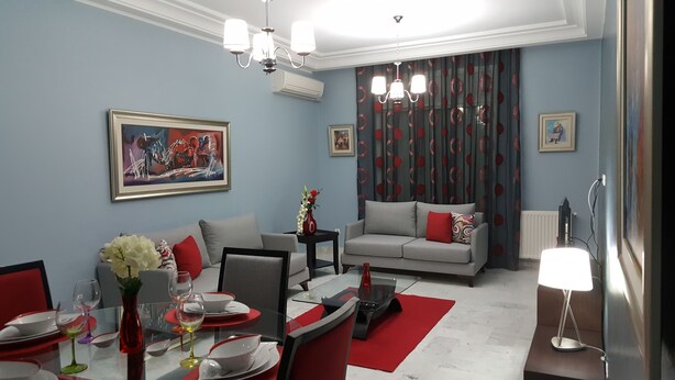 Een moderne woonkamer met een grijze bank, rode kussens, een eettafel gedekt met borden, glazen en een bloevas.