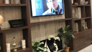 Ein modernes Wohnzimmer mit Flachbildfernseher an einer Holzwand, umgeben von Regalen mit Dekoration und Pflanzen.