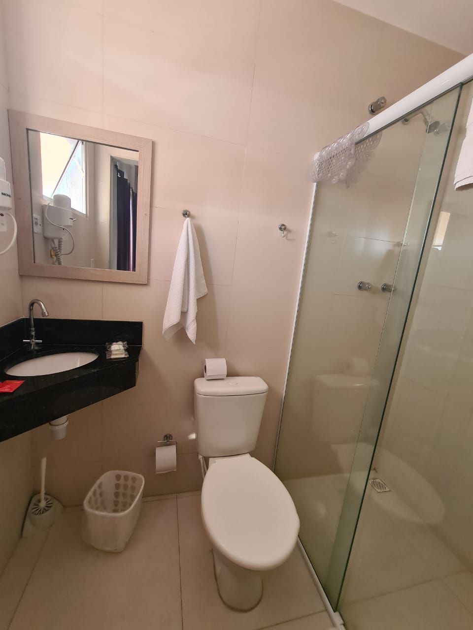 A bathroom with a toilet, sink, and a glass shower enclosure.