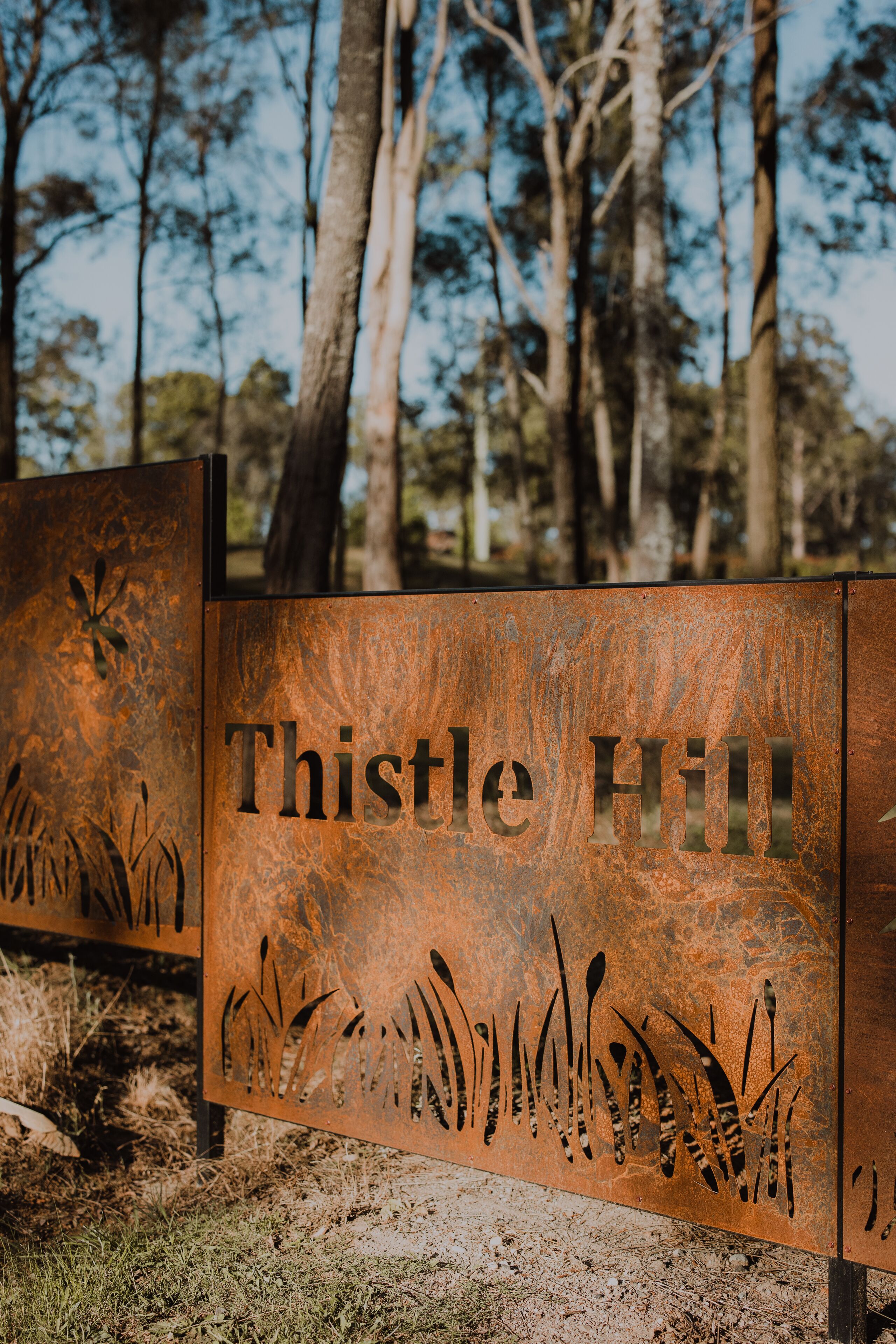 A metal sign with the text "Thistle Hill" and decorative grass patterns.
