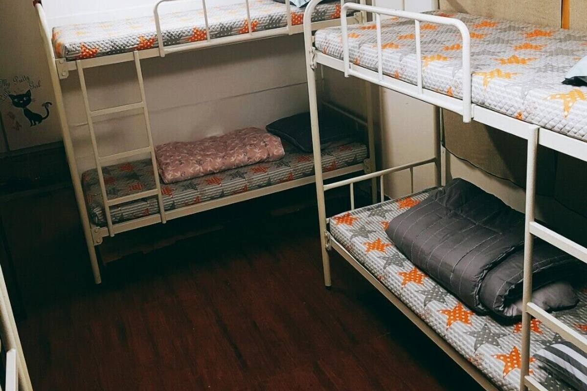 A bunk bed room with a wooden floor, a window with curtains, and a wall with a cat illustration.