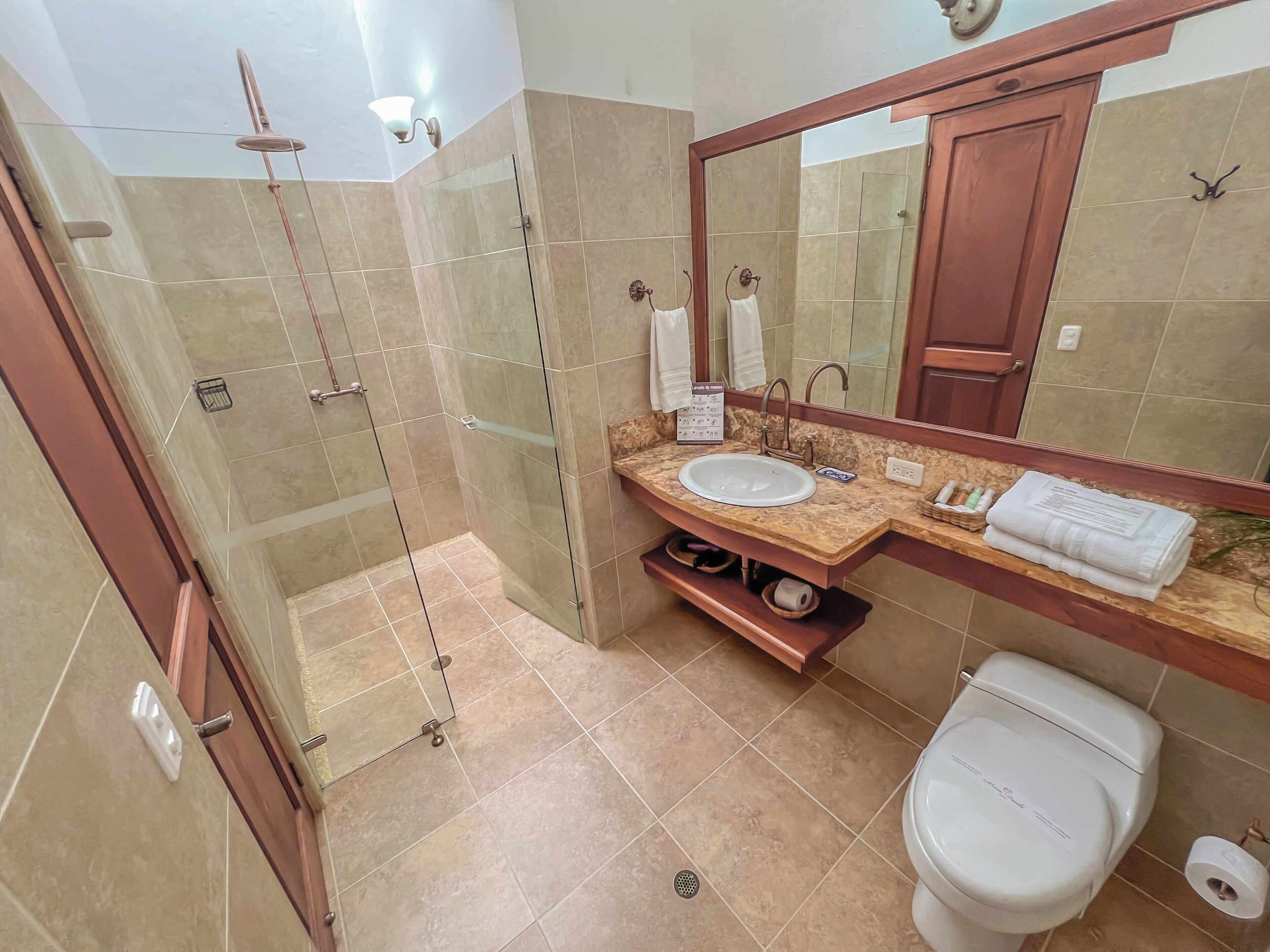 shower, free toiletries, hair dryer, towels