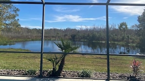A view through a window of a lake, surrounded by trees and a grassy area. - Exec. 4 Bedroom Home nr Disney,   Backs onto Conservation lands (Kissimmee)