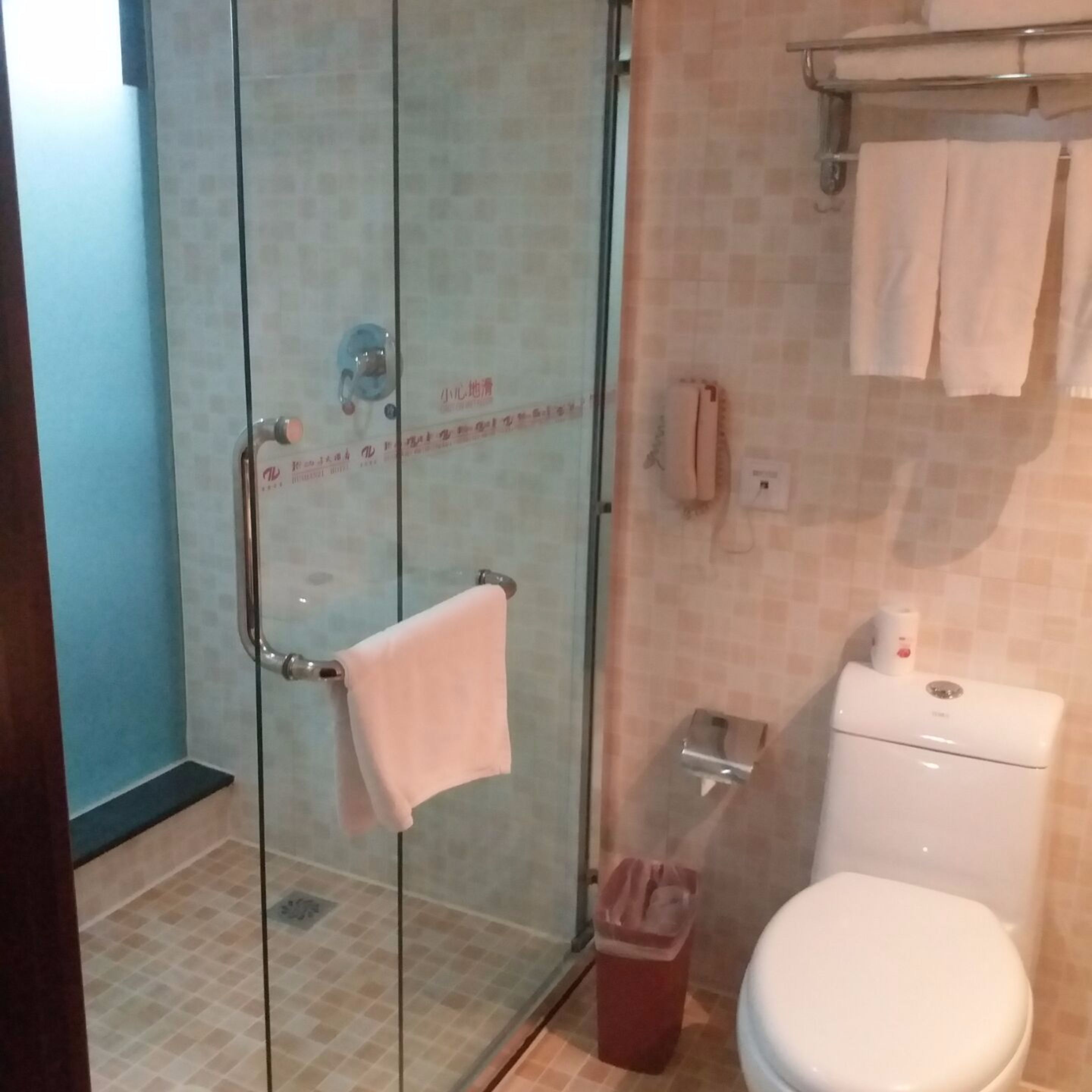 A bathroom with a glass shower enclosure, a toilet, and a trash bin.