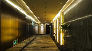 A hotel hallway with a patterned carpet, a reception desk with a plant, and a wall-mounted phone. - Yinchuan Vintage Hill Hotels & Resorts (Yinchuan)