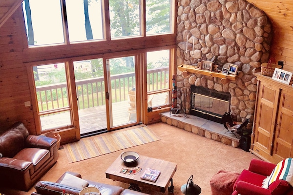 Smart TV, chimenea, reproductor de DVD y libros