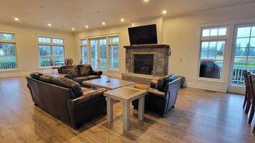 TV connectée, cheminée, lecteur de DVD, chaîne hi-fi