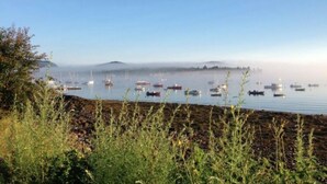 Paisaje costero con barcos sobre aguas tranquilas, un horizonte brumoso y vegetación en primer plano.