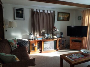 Smart TV, fireplace, video games, DVD player