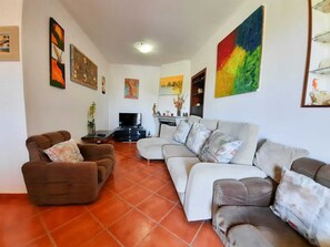 Een smart-tv, een open haard, een dvd-speler en een tafeltennistafel