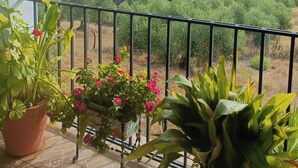 A balcony with potted plants and a view of a hilly landscape.