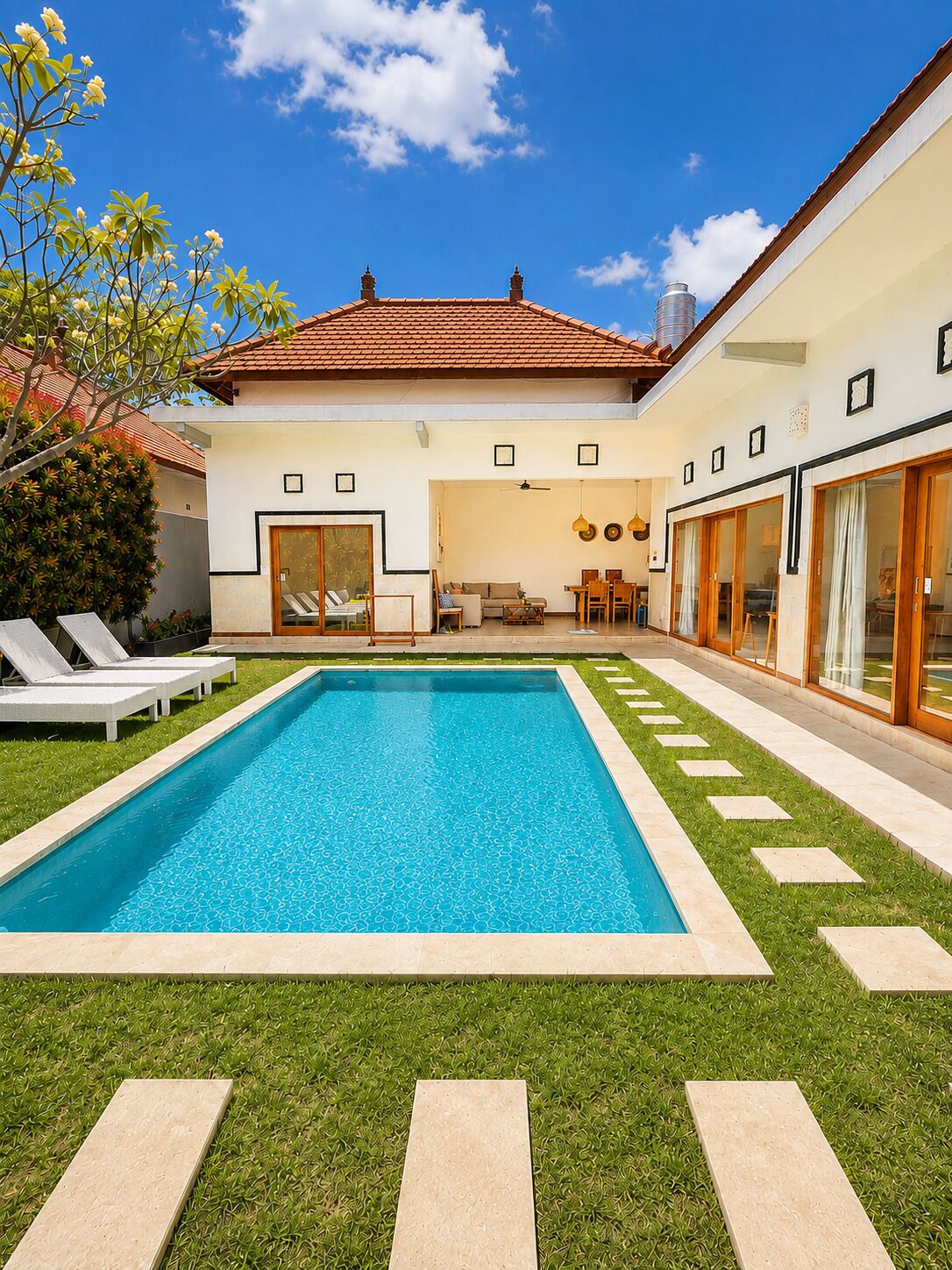 A modern house with a swimming pool, a patio with lounge chairs, and a well-maintained lawn.