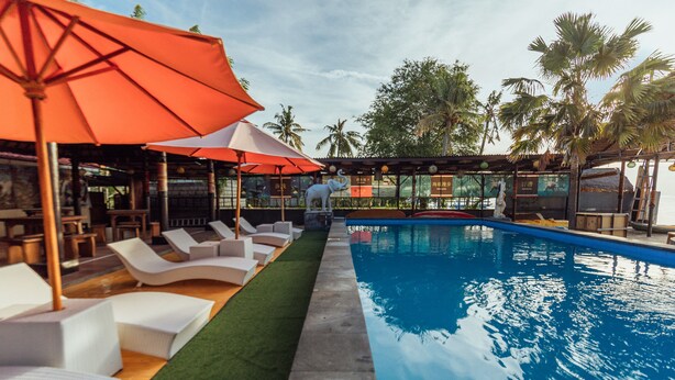 A pool area with lounge chairs and umbrellas, surrounded by palm trees. - Semaya One Beach Guesthouse (Penida Island)