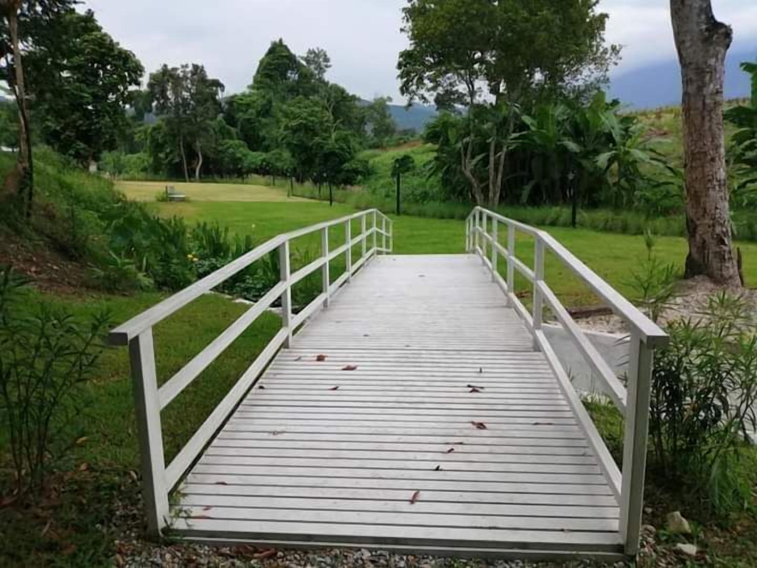 A wooden bridge with white railings in a lush green landscape.