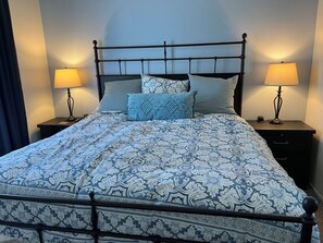 4 bedrooms, pillow-top beds, iron/ironing board, travel cot