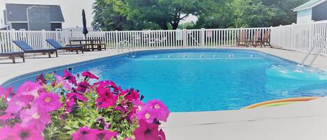 A swimming pool with a white fence, lounge chairs, and a tree in the background.