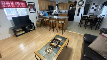 Smart TV, DVD player, books, video library