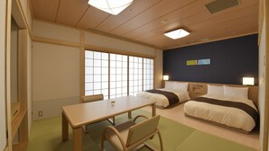 A hotel room with a wooden ceiling, a large window, a bed with a headboard, a bedside table, and a chair.
