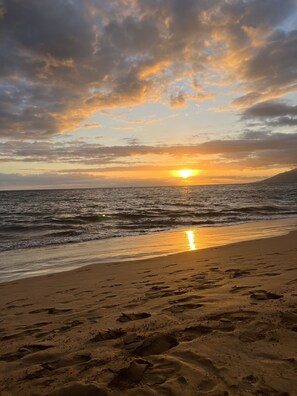 Warm sand and gentle waves meet at the ocean's edge.