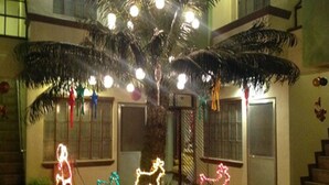 A building with a central palm tree, surrounded by illuminated animal figures and a staircase on the right. - Danel Pensionne House (Tacloban)