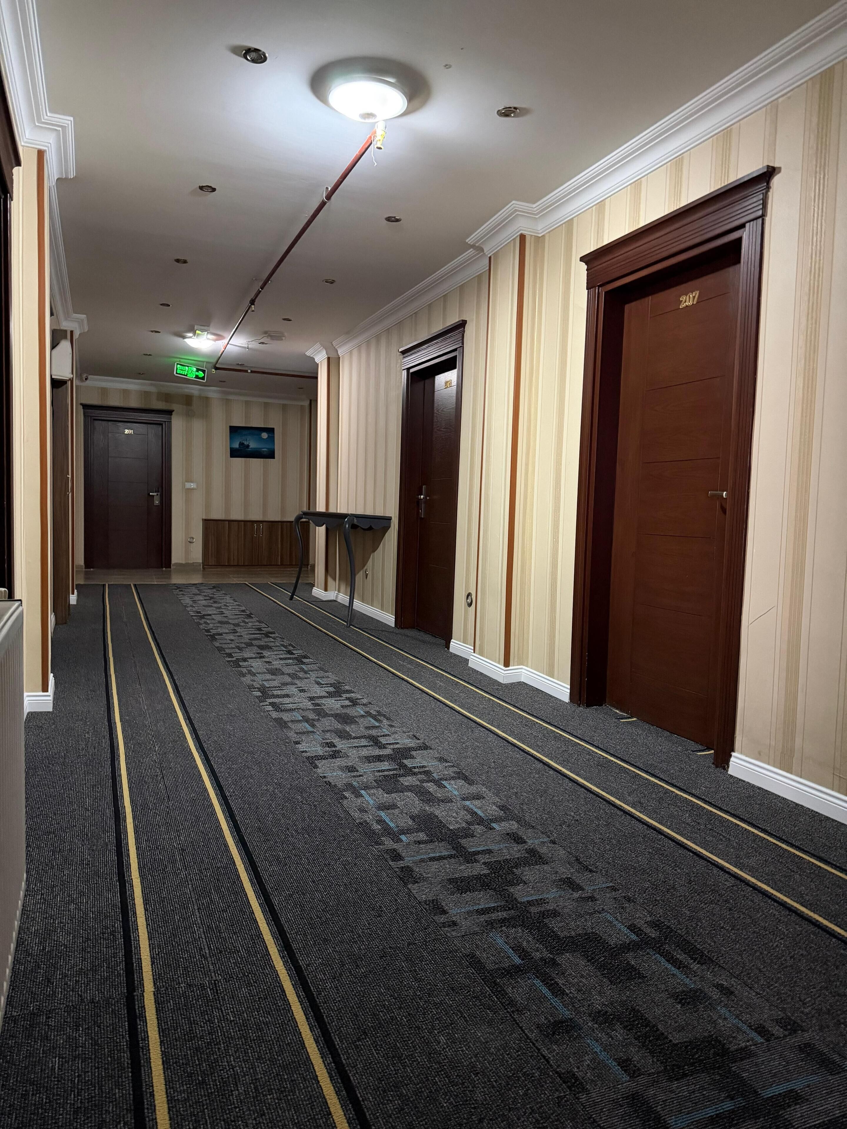Un couloir d'hôtel avec des revêtements de sol en moquette, des portes en bois et un luminaire au plafond.