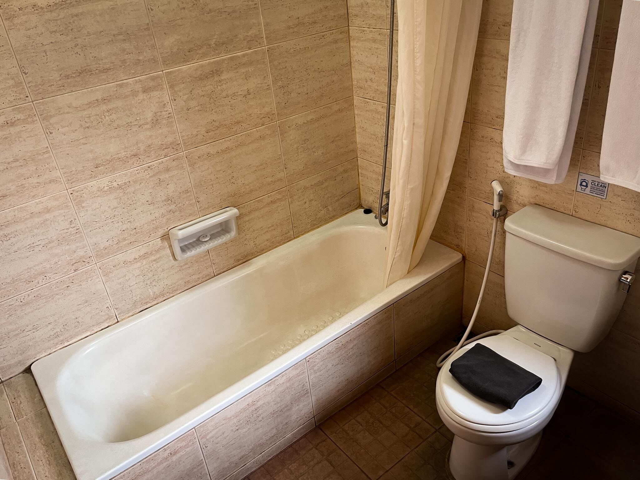 A bathroom with a bathtub, toilet, and a shower curtain.