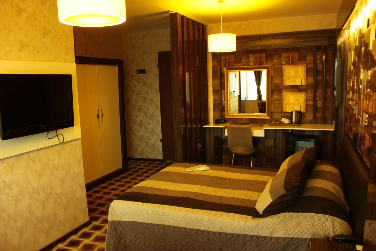A hotel room with a bed, a desk, a chair, a television, and a mirror.