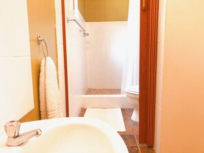 A bathroom with a sink, a towel rack, a shower, and a toilet. - Selborne Bed and Breakfast (East London)