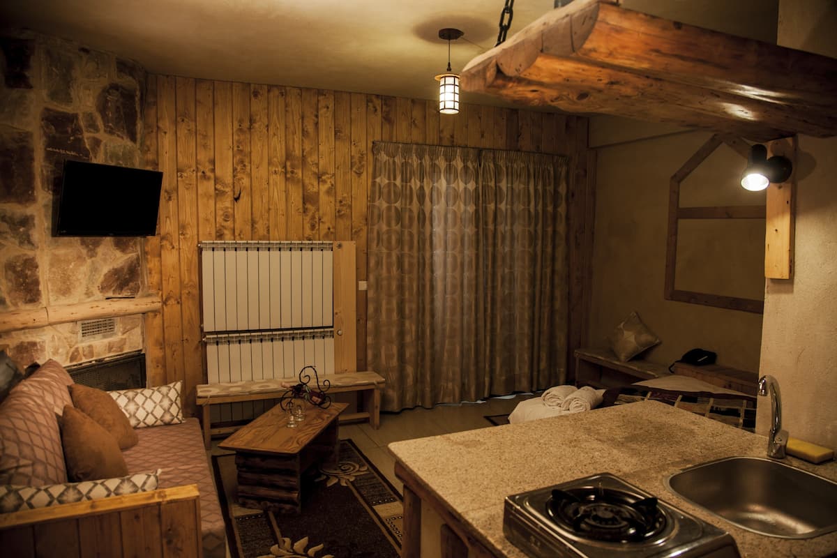 Una habitación acogedora con pared de piedra, paneles de madera, chimenea, comedor y cocina con pileta y estufa.
