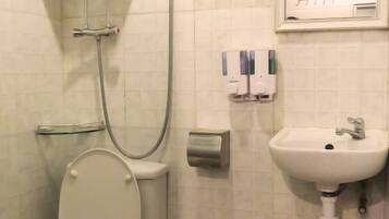 Shower, free toiletries, hair dryer