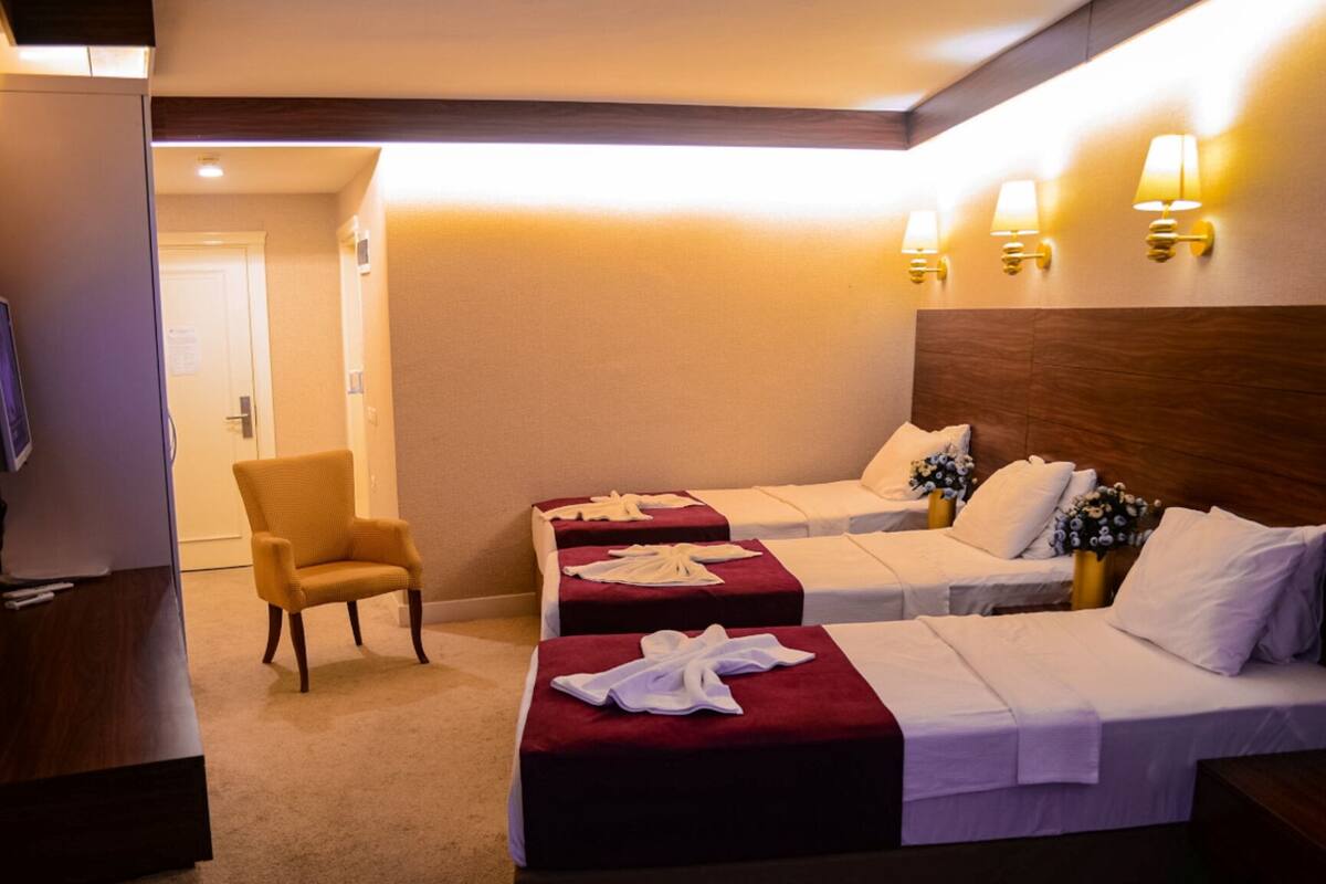 Une chambre d’hôtel avec deux lits, une chaise et un téléviseur.