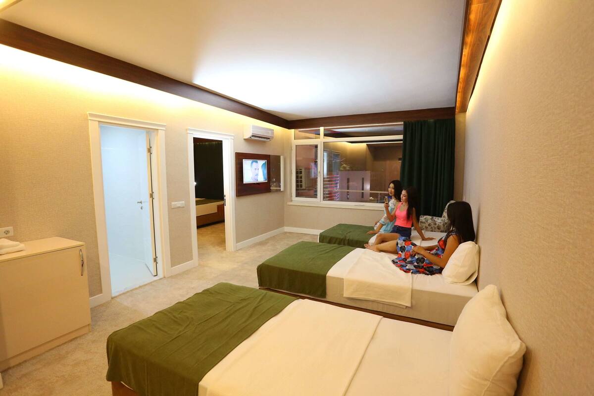 Une chambre d’hôtel avec deux lits simples, un petit bureau, une télévision et une fenêtre avec des rideaux.
