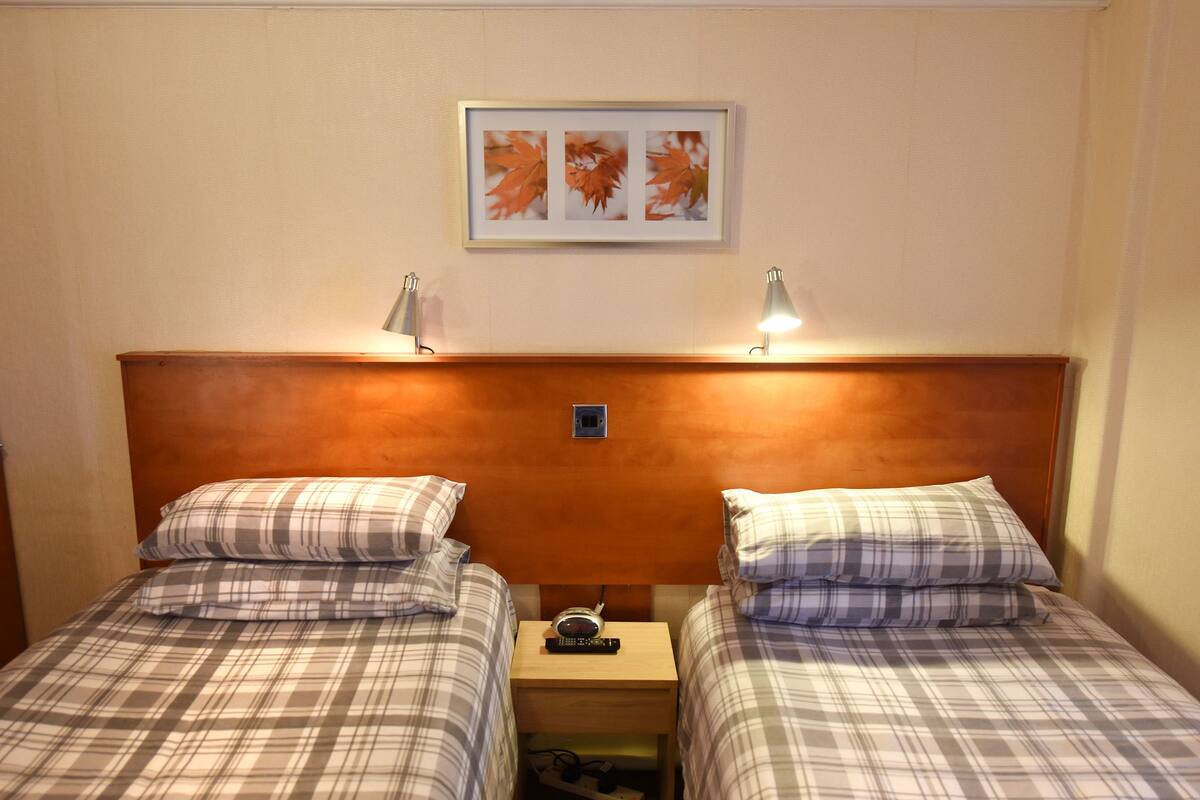 A hotel room with two beds, each with a plaid bedspread and matching pillows. There is a framed picture of leaves on the wall above the beds, and two bedside lamps on either side of the headboard.