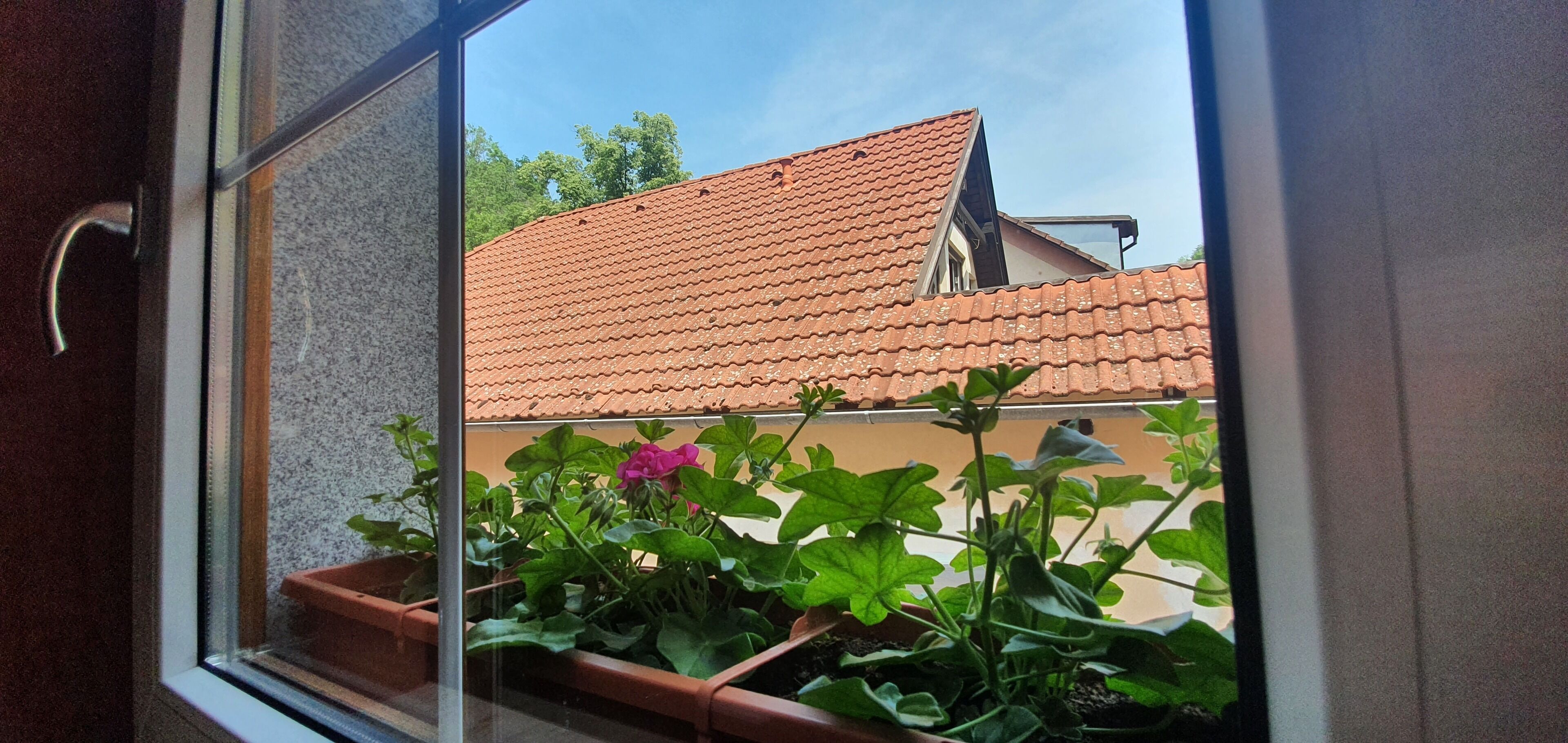 A window with a view of a house with a red-tiled roof and a balcony with potted plants.