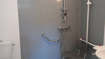 A bathroom with a shower, toilet, and a wheelchair-accessible bench.