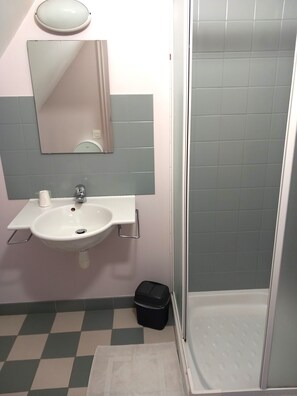 A bathroom with a sink, mirror, and shower. - Château du Bourg (St Denis de Gastines)