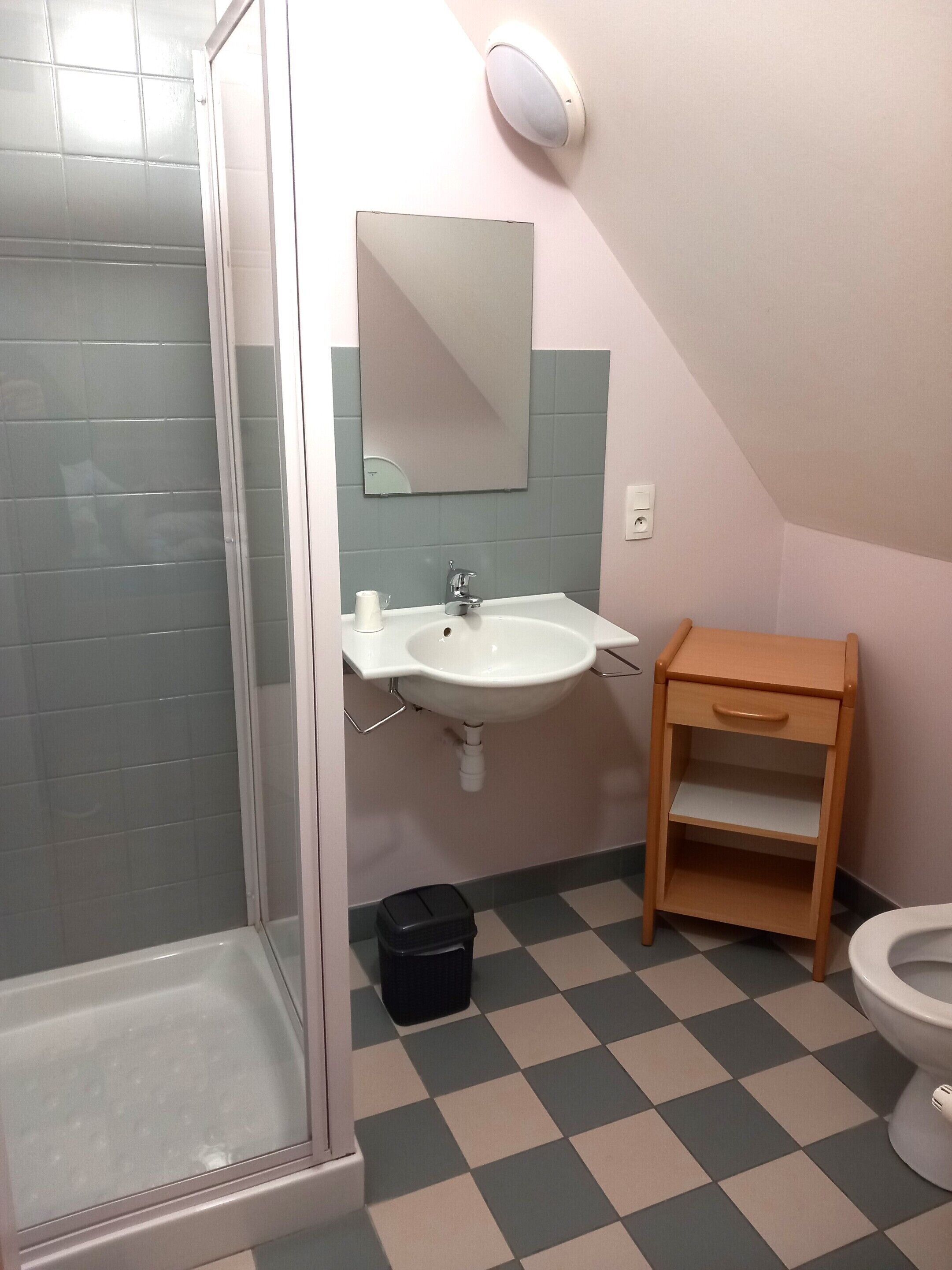 Une salle de bain équipée d’une douche, d’un lavabo, d’un miroir et de toilettes.