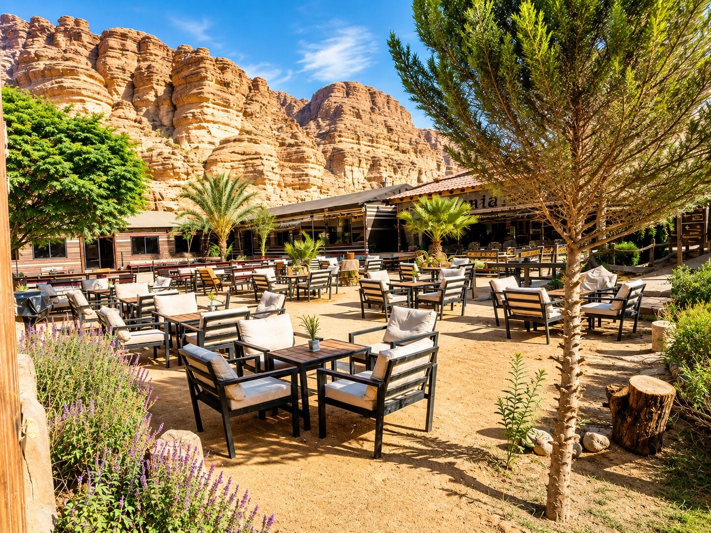 An outdoor seating area with tables and chairs, surrounded by desert vegetation and a rocky mountain backdrop.