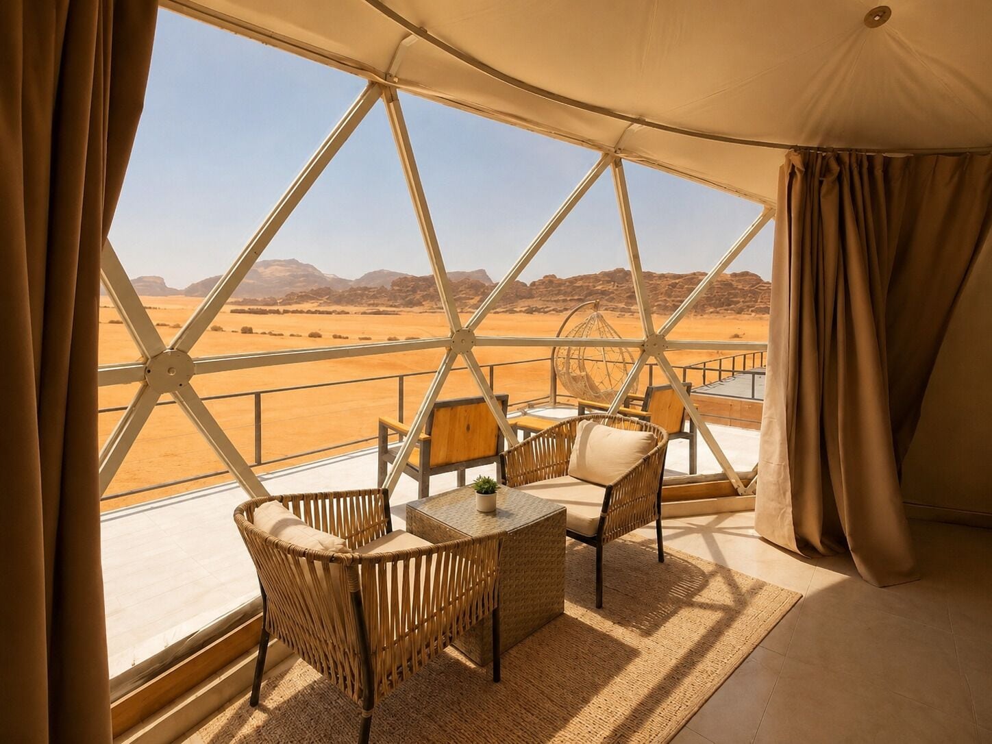 Una habitación con toldo y vista al paisaje desértico.