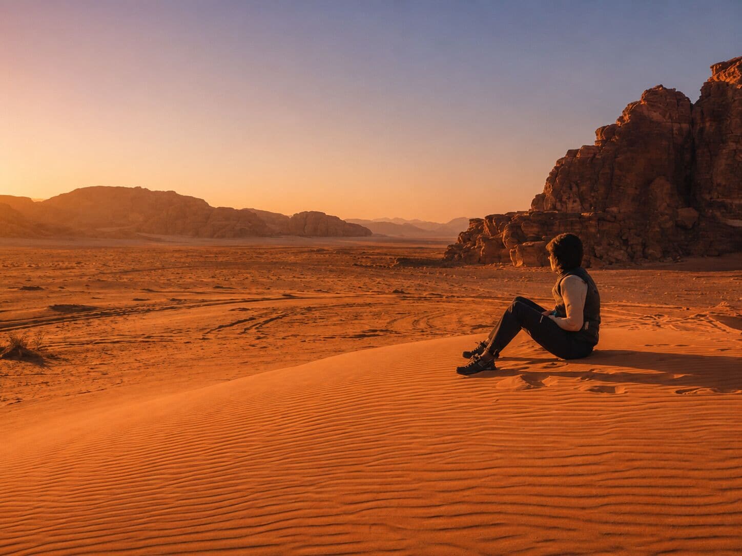 A person sitting on a sand dune in a desert landscape with rocky formations in the background.