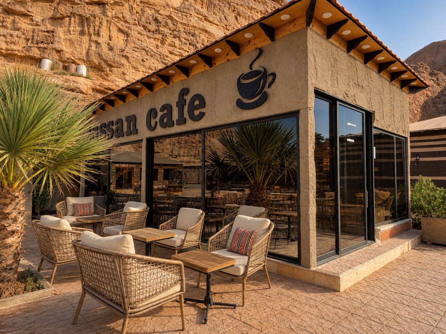 An outdoor cafe with wicker furniture and a stone facade.