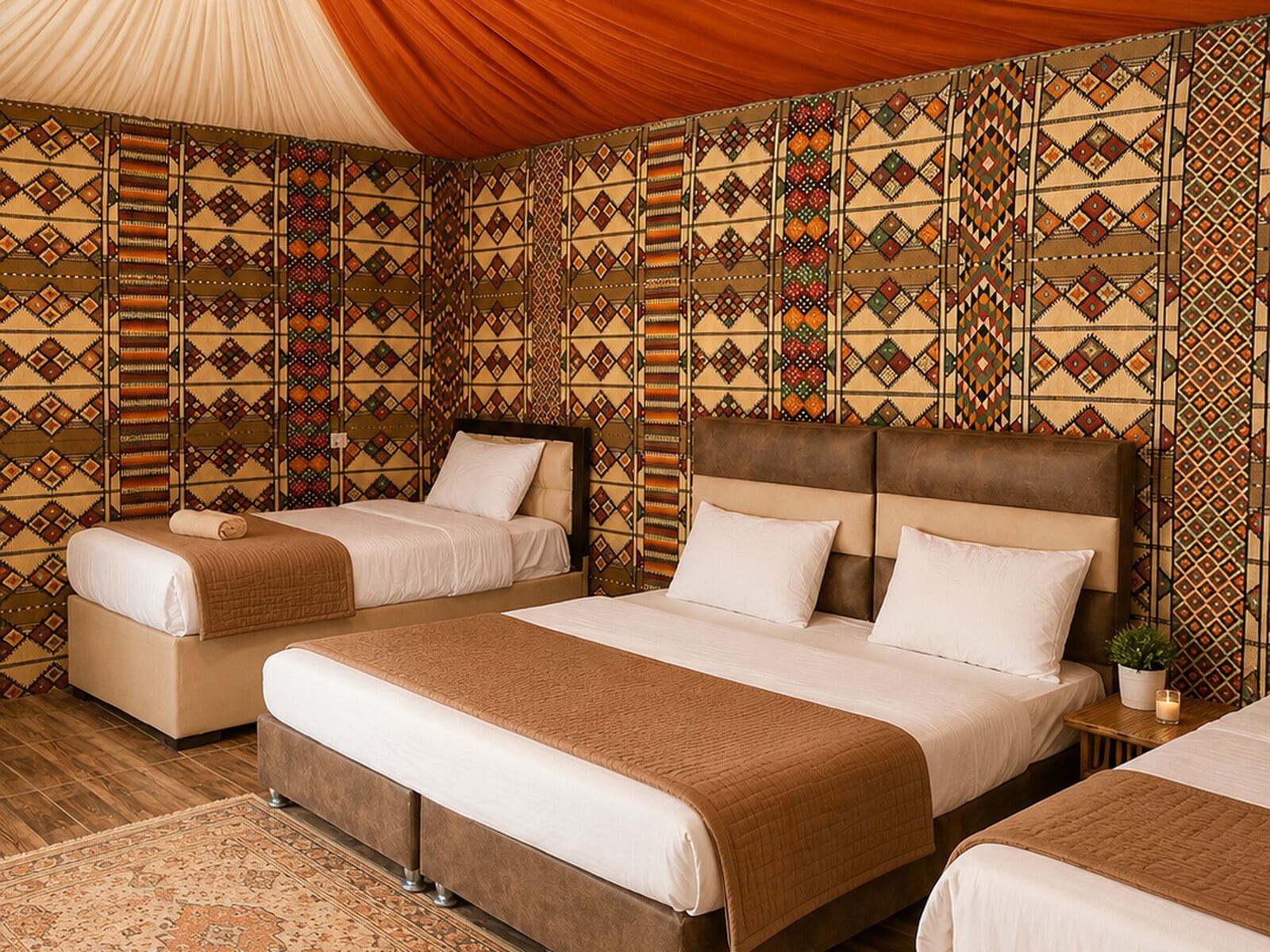 Ein Hotelzimmer mit einem großen Bett, zwei Einzelbetten und einer Wand mit Muster.